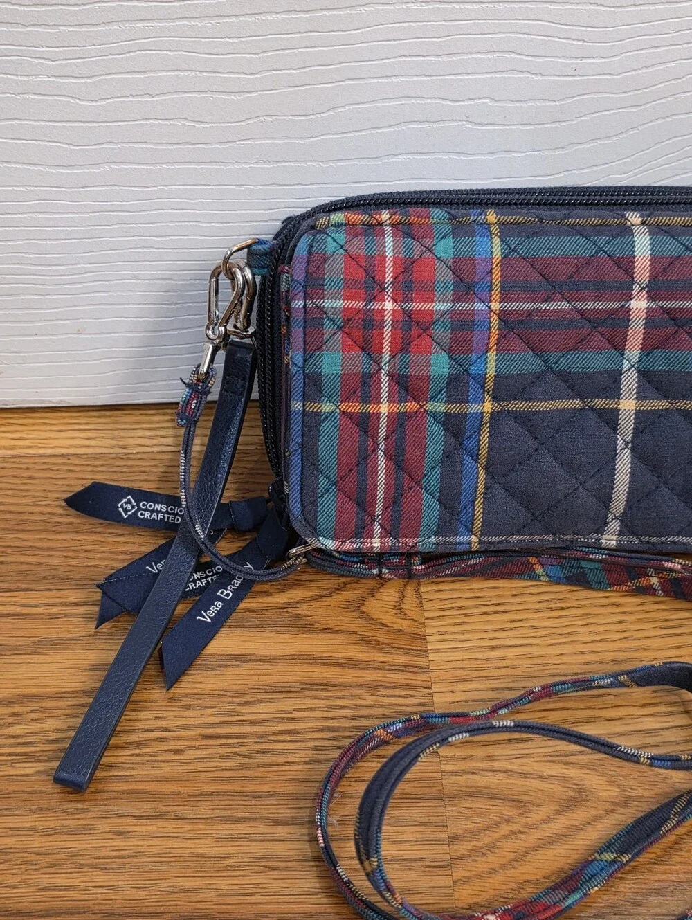 Vera Bradley Tartan Plaid RFID Navy All-In-One Crossbody Handbag Purse Travel